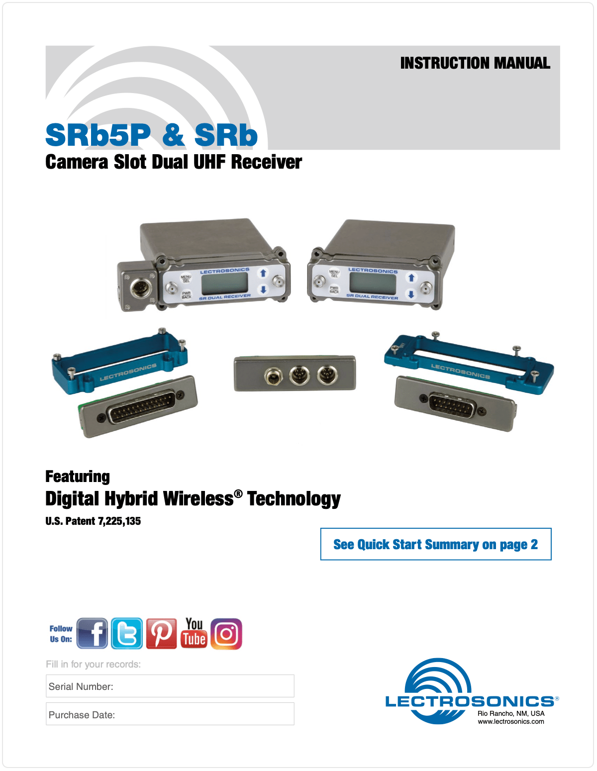 Cover page of an instruction manual for Lectrosonics SRb5P and SRb camera slot dual UHF receivers, featuring images of the devices, connectors, and adapter plates, with social media icons at the bottom.