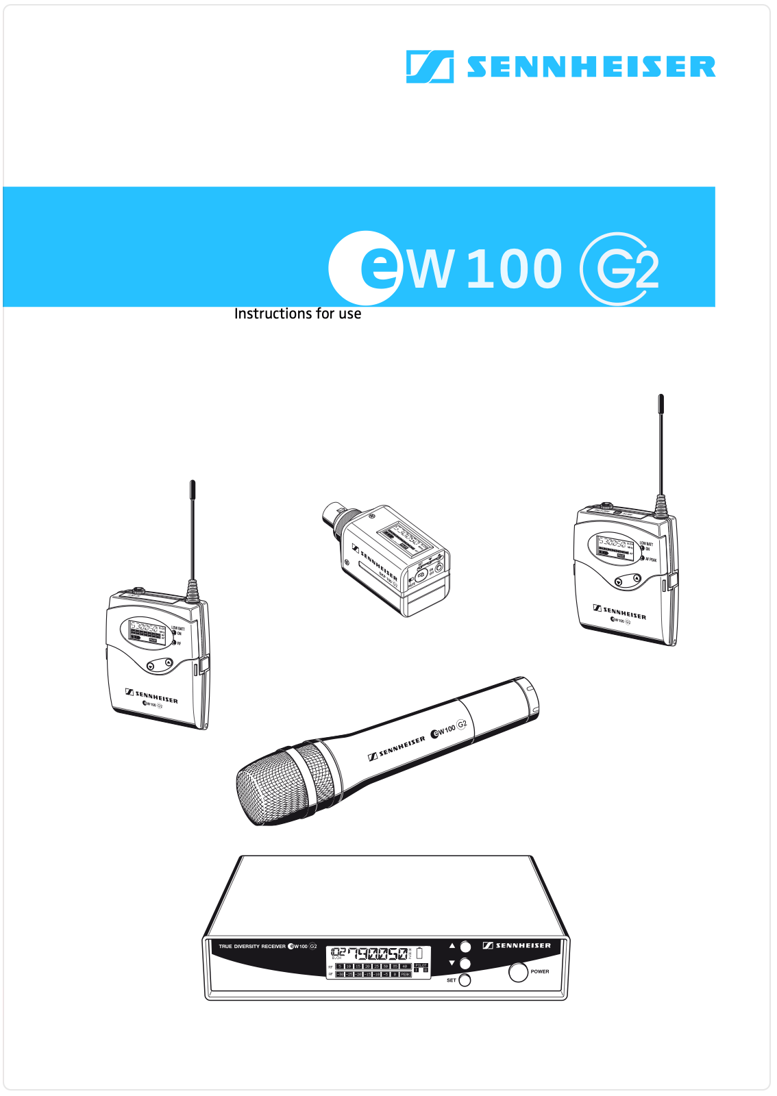 Sennheiser EW 100 G2 wireless microphone system instruction manual cover showing outlines of wireless microphone system components including Sennheiser branded handheld, bodypack, and plug-on transmitters with a rack receiver.