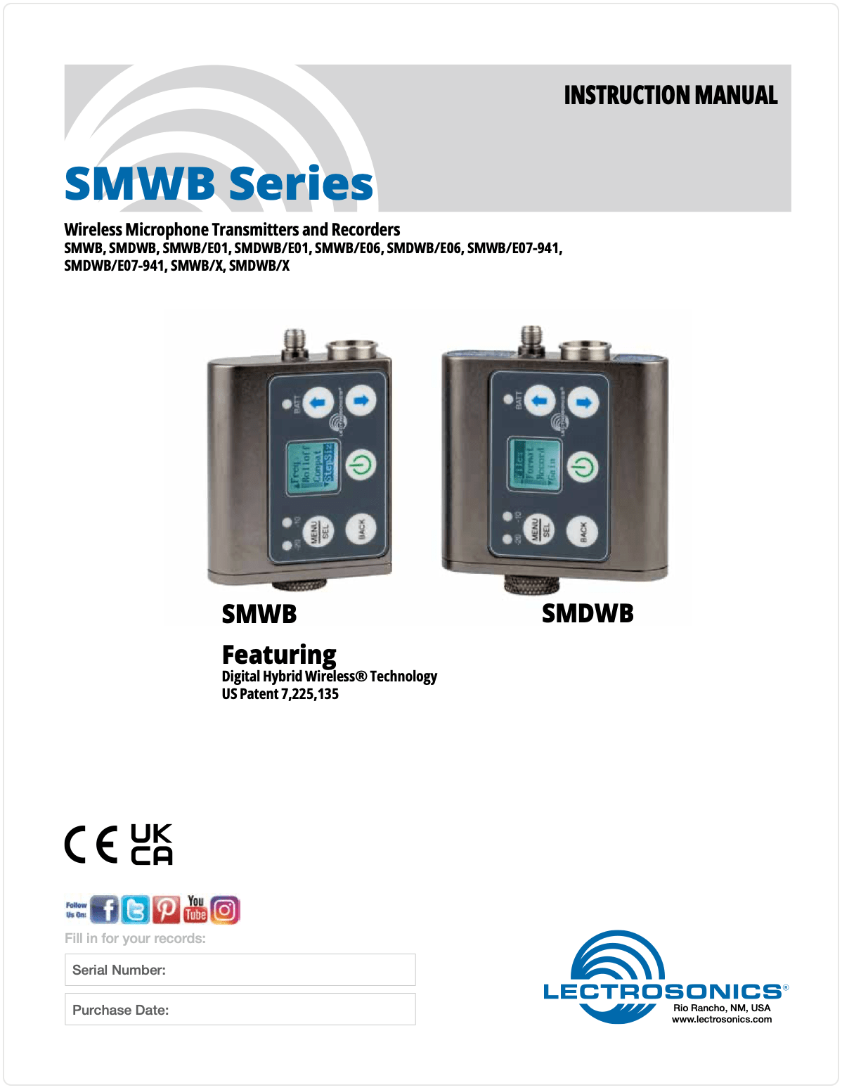 Cover page of an instruction manual for SMWB Series wireless microphone transmitters and recorders, featuring images of the SMWB and SMDWB, with social media icons and fields for serial number and purchase date.