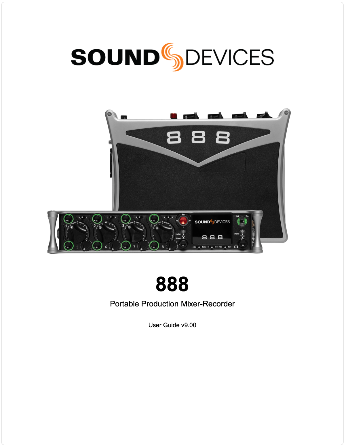 Cover page of the Sound Devices 888 user guide featuring the 888 portable production mixer-recorder in a black and silver chassis with eight input knobs and a digital display screen.